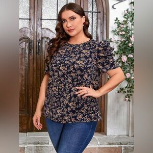 SHEIN Clasi Plus Size 1XL Floral Puff Sleeve Blouse Blue Multicolor Bestseller